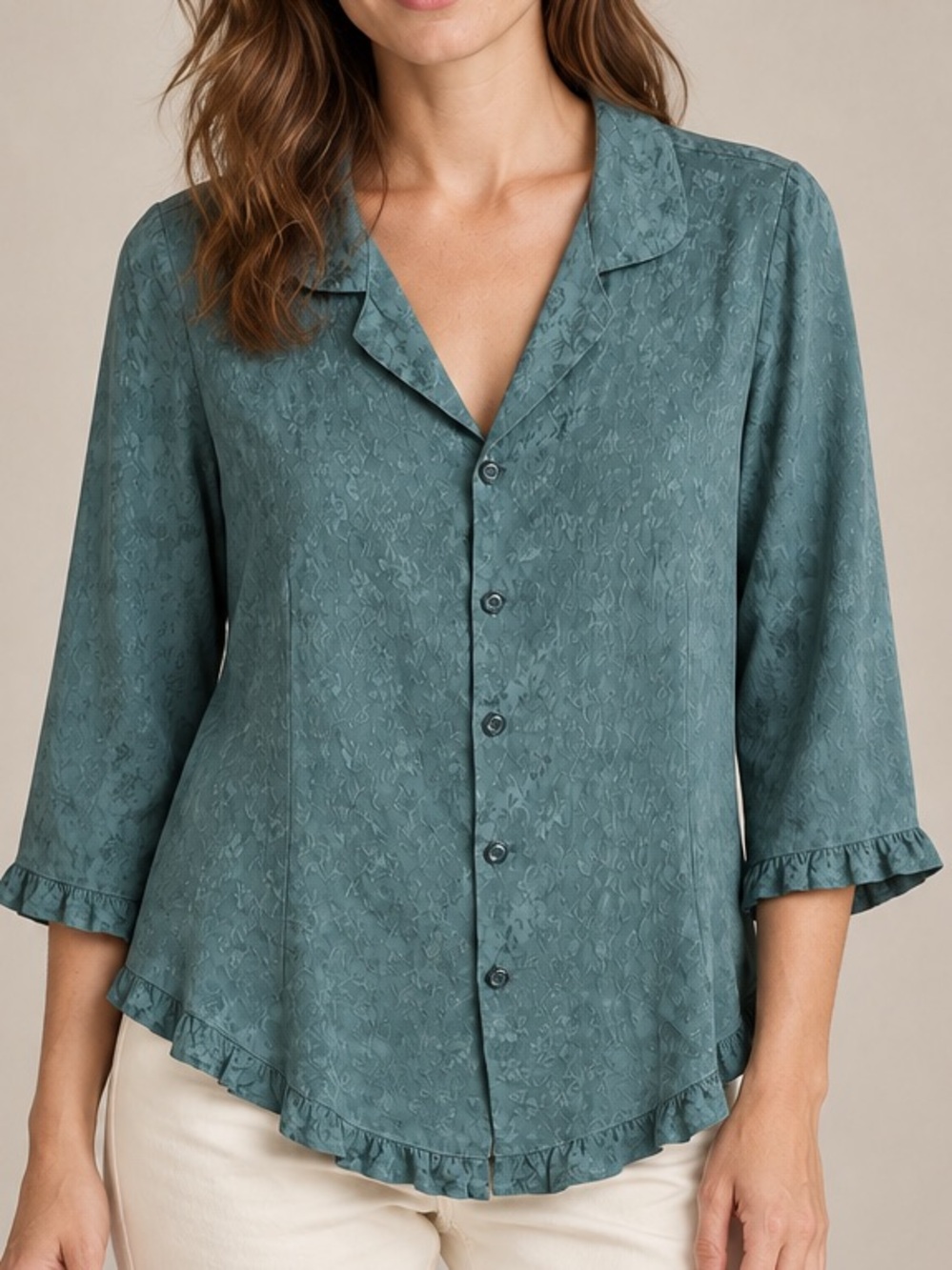 CP Shades Sausalito Dusty Teal Floral Jacquard Rayon Ruffle Blouse